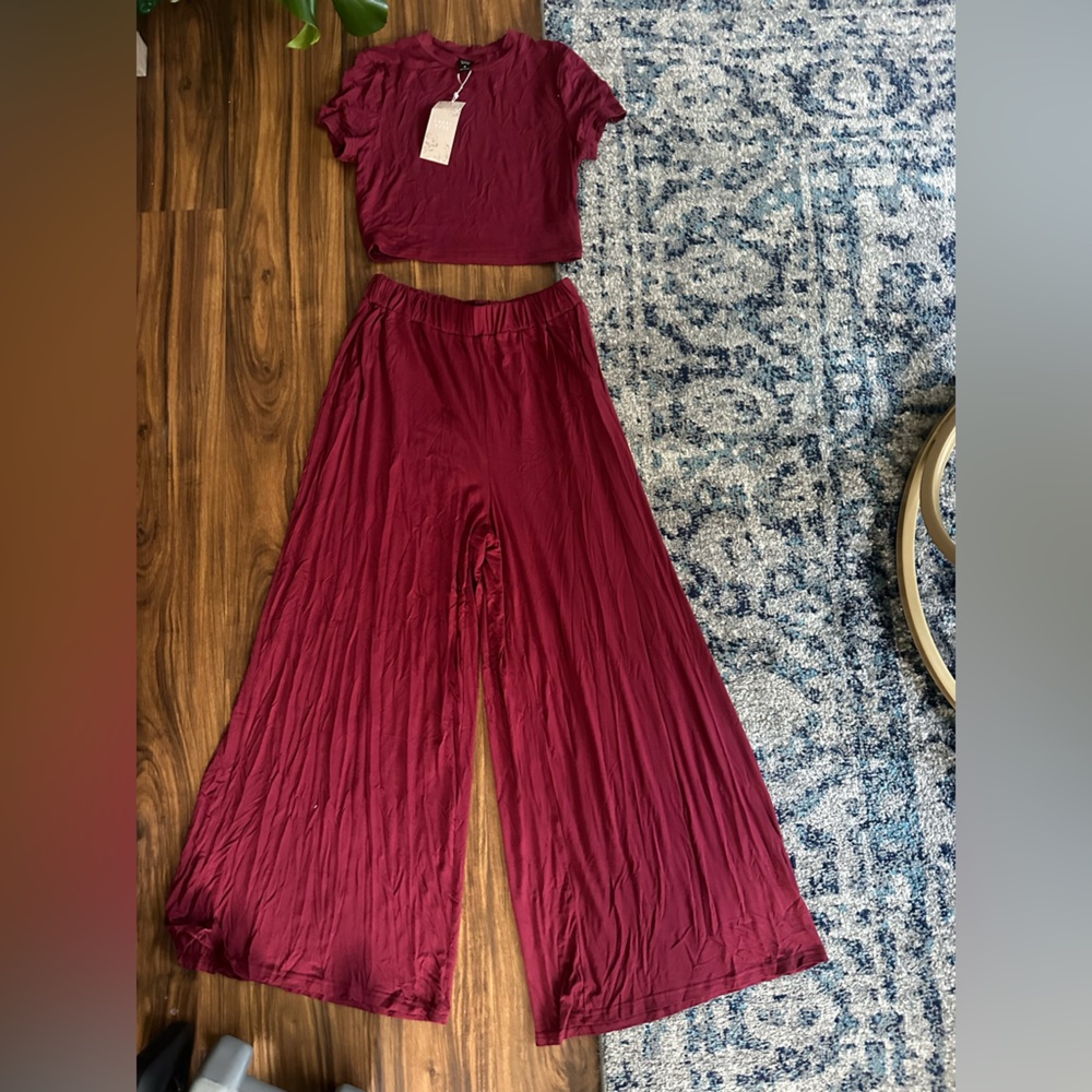 SHEIN Burgundy Two-Piece Wide Leg Jumpsuit Set